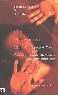 The cover of The Mad Woman in the Attic by Sandra Gilbert and Susan Grubar, showing the blurry face of a woman on her back with her hands pushing up against glass.