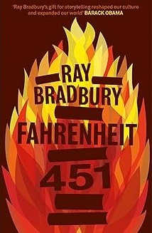 Cover of Ray Bradbury's Fahrenheit 451 showing hot flame.